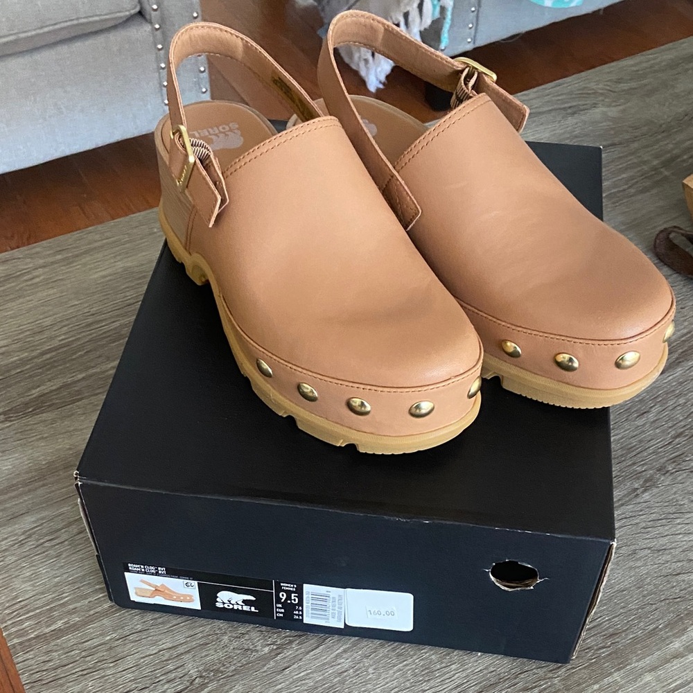 Sorel Tan Slingback Clogs with Stud Trim